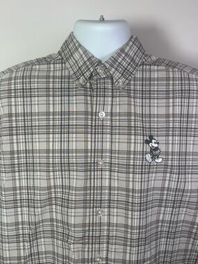 Walt‎ Disney World Mens Mickey Mouse Plaid Short Sleeve Button Down Shirt Tan M